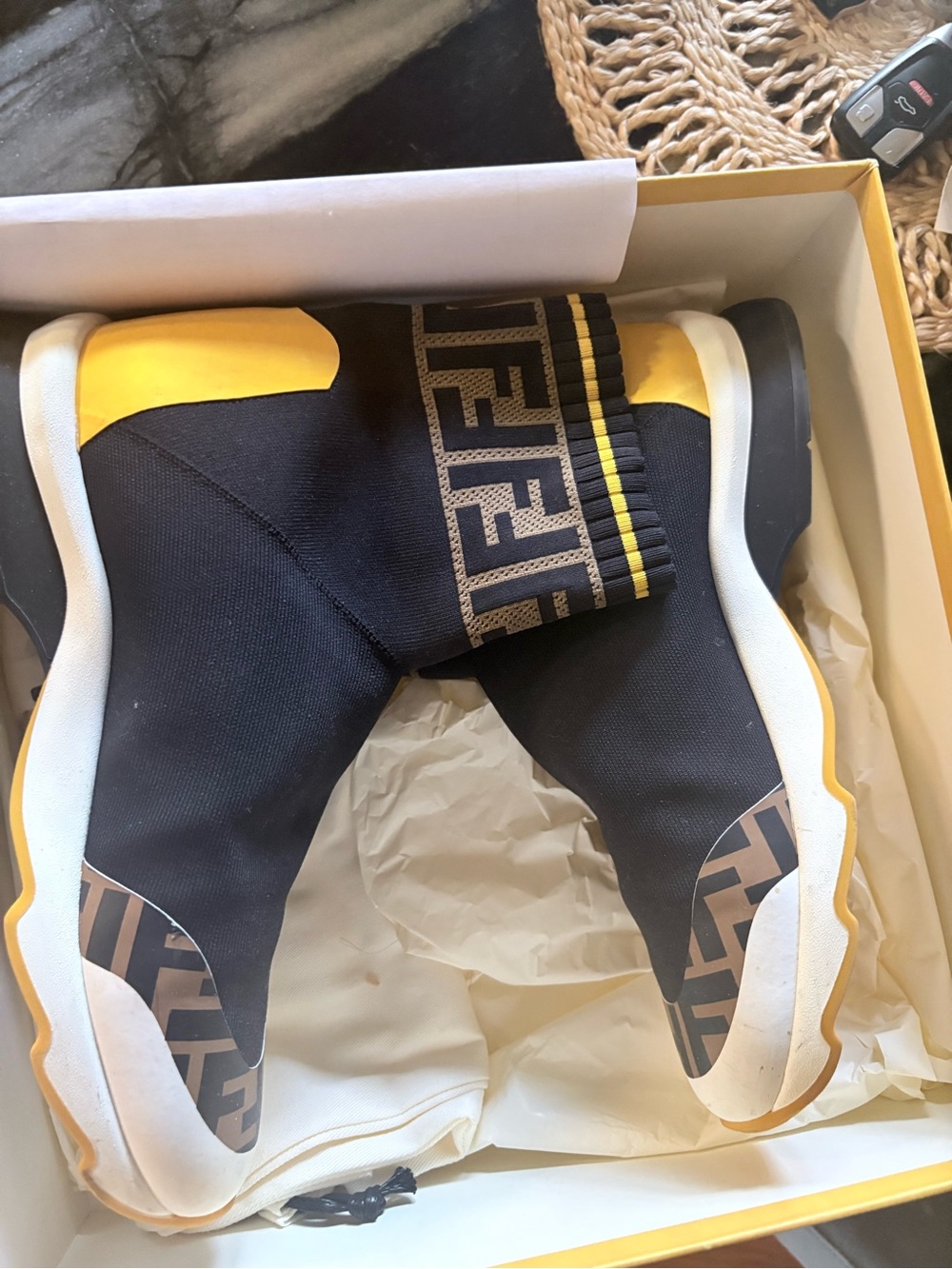 Fendi Black & Yellow Logo Knit Sock Sneakers